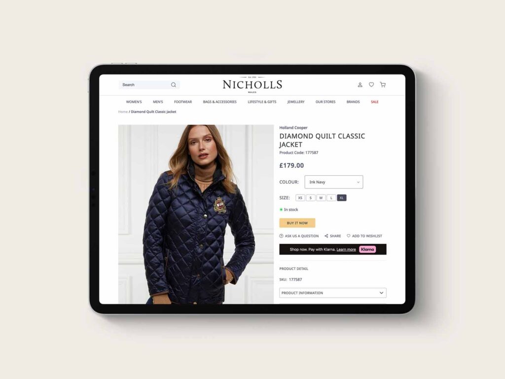 Product page on Nicholls ecommerce website viewed on an iPad